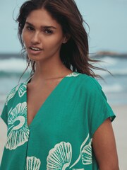 Grün mit floralem Print - Mini Short Sleeve V-Neck Kaftan Dress with Linen - Bild 4 von 7