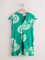 Grün mit floralem Print - Mini Short Sleeve V-Neck Kaftan Dress with Linen - Bild 5 von 7