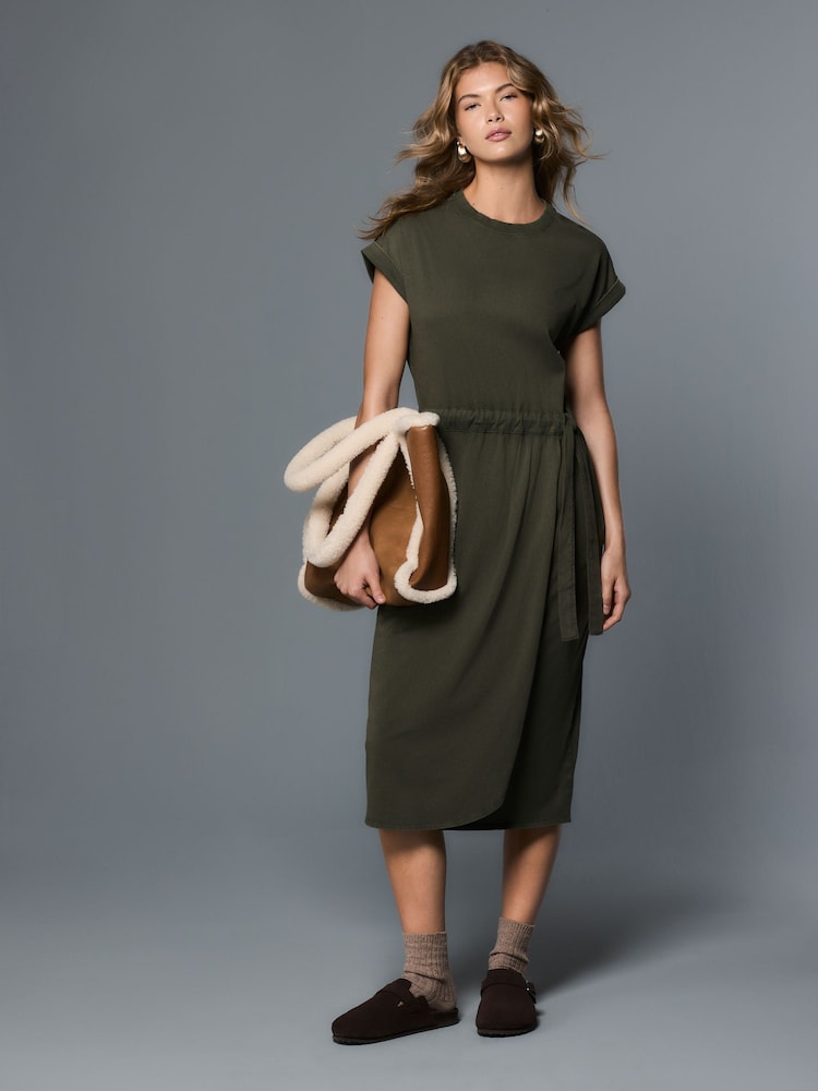 Washed Khaki Green Jersey Sarong Tie T-Shirt Dress - Image 2 of 8 Washed Khaki Green Jersey Sarong Tie T-Shirt Dress - Image 2 of 8