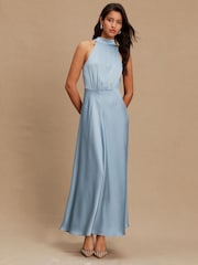Light Blue Textured Satin Halter Sleeveless Midi Dress - Image 1 of 8