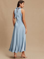 Light Blue Textured Satin Halter Sleeveless Midi Dress - Image 2 of 8