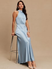 Light Blue Textured Satin Halter Sleeveless Midi Dress - Image 4 of 8