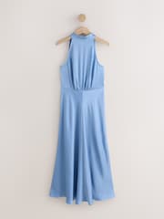 Light Blue Textured Satin Halter Sleeveless Midi Dress - Image 6 of 8