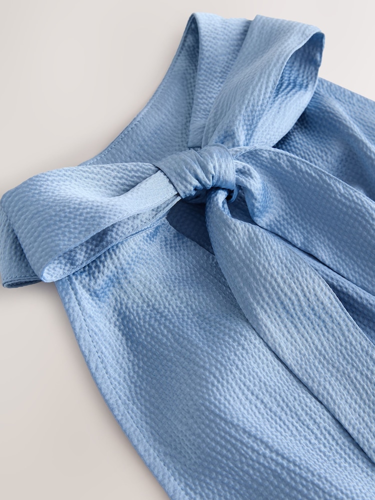 Light Blue Textured Satin Halter Sleeveless Midi Dress - Image 8 of 8 Light Blue Textured Satin Halter Sleeveless Midi Dress - Image 8 of 8