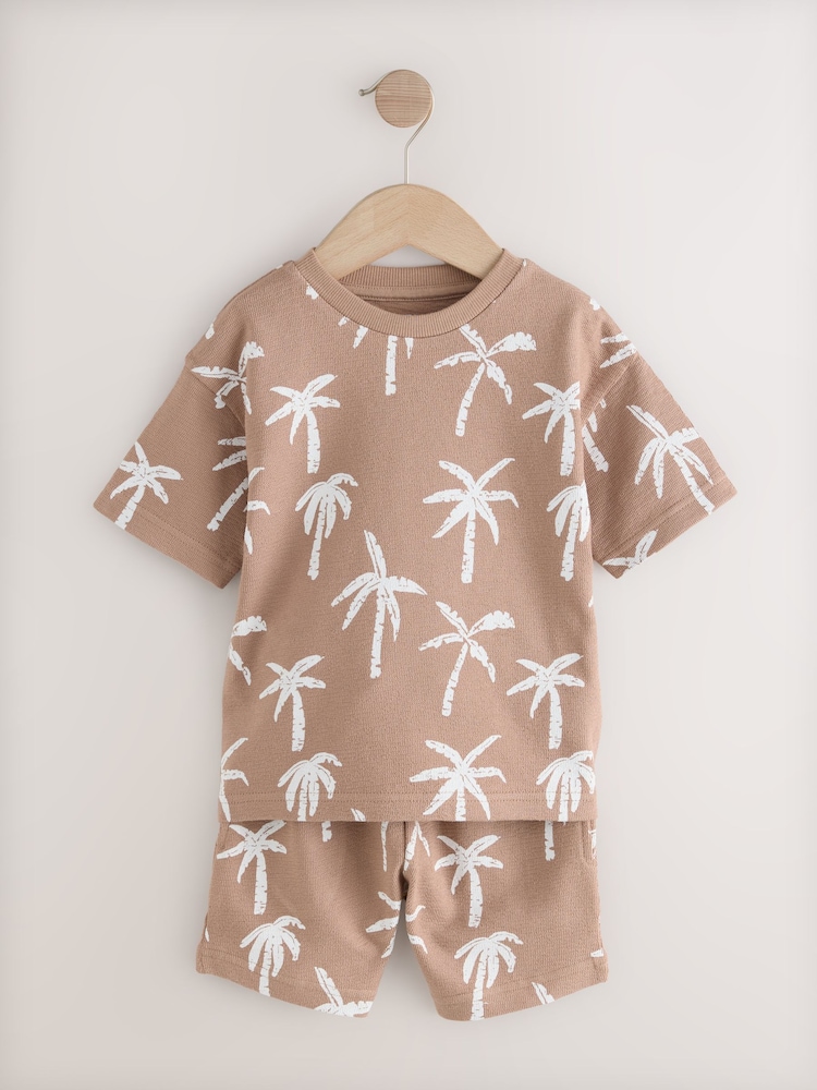 Tan Brown All-Over-Print Short Sleeve T-Shirt and Shorts Set (3mths-7yrs) - Image 1 of 4 Tan Brown All-Over-Print Short Sleeve T-Shirt and Shorts Set (3mths-7yrs) - Image 1 of 4