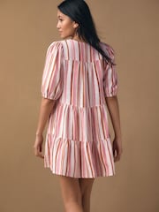Pink/Orange Washed Stripe Short Sleeve Button Through Tiered Mini Dress with Linen - Image 3 of 7