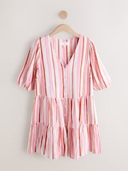 Rosa/oransje vasket stripete - Kortermet minikjole med knapper og lin - Bilde 5 av 7