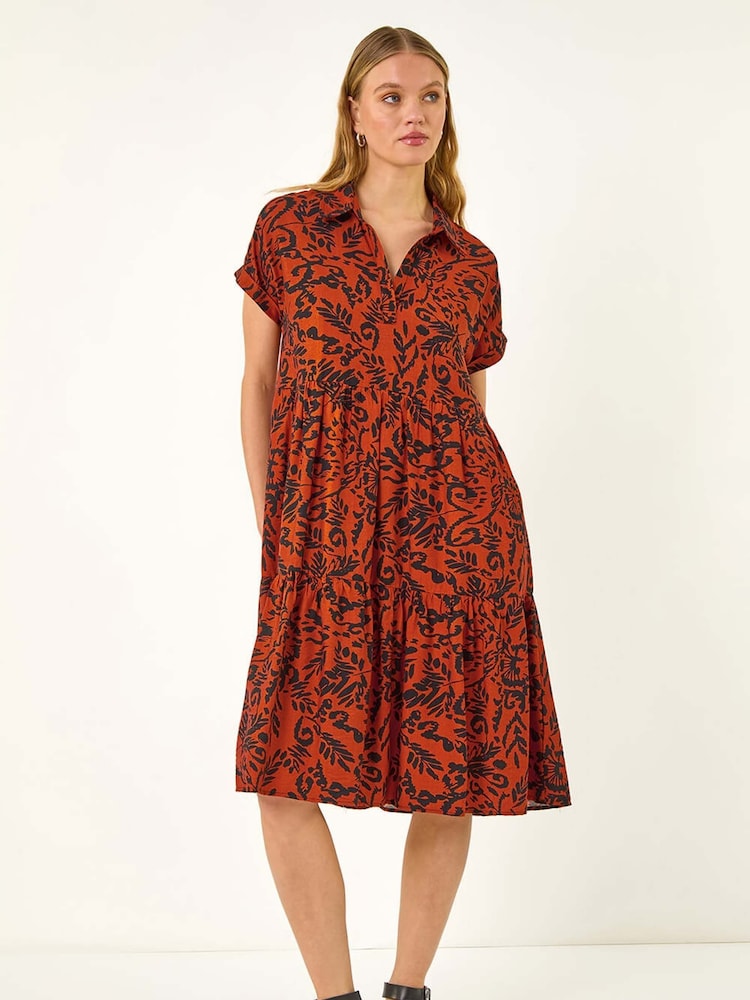 Roman Red Leaf Print Collared Smock Dress - Image 2 of 5