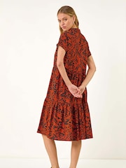 Roman Red Leaf Print Collared Smock Dress - Image 3 of 5