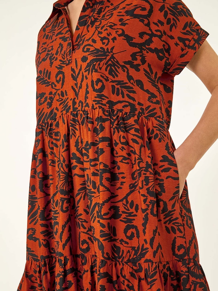 Roman Red Leaf Print Collared Smock Dress - Image 5 of 5