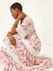 Roman Pink Floral Print Lace Trim Maxi Dress - Image 1 of 5