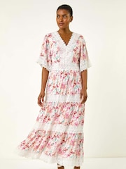 Roman Pink Floral Print Lace Trim Maxi Dress - Image 2 of 5