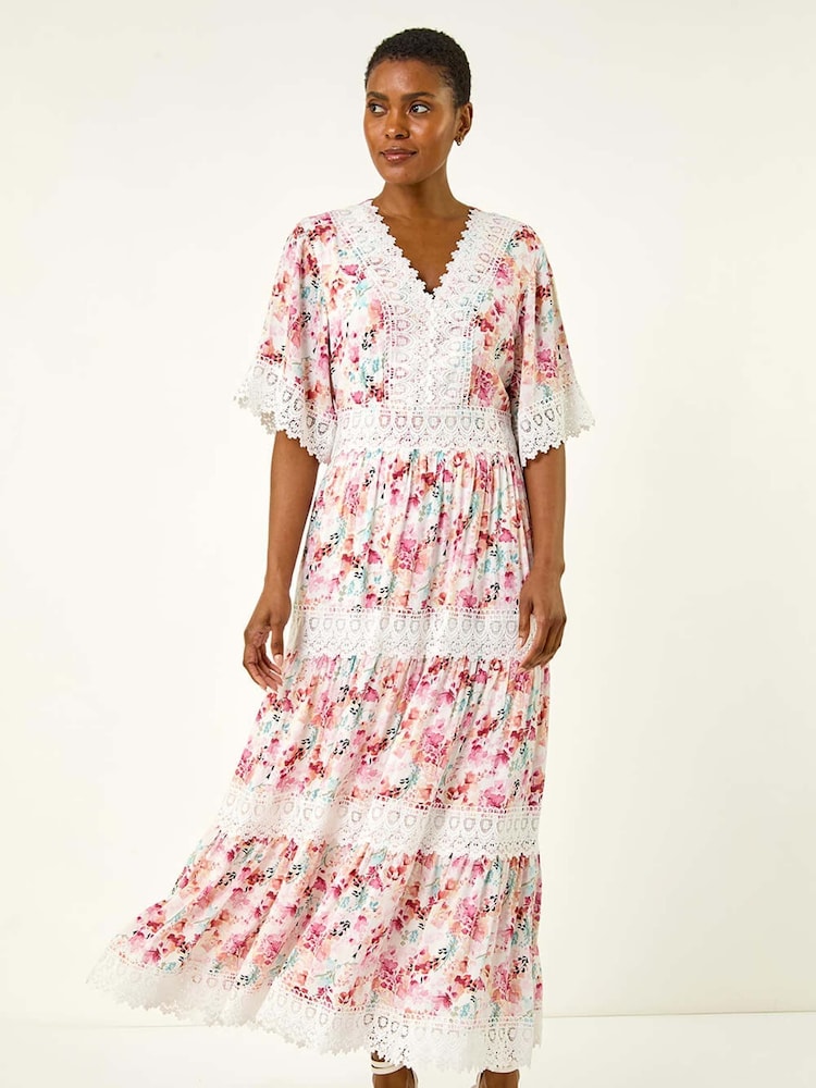 Roman Pink Floral Print Lace Trim Maxi Dress - Image 2 of 5