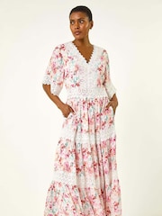 Roman Pink Floral Print Lace Trim Maxi Dress - Image 4 of 5