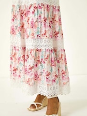 Roman Pink Floral Print Lace Trim Maxi Dress - Image 5 of 5