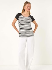 Roman Black Contrast Textured Stripe T-Shirt - Image 2 of 5