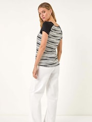Roman Black Contrast Textured Stripe T-Shirt - Image 3 of 5