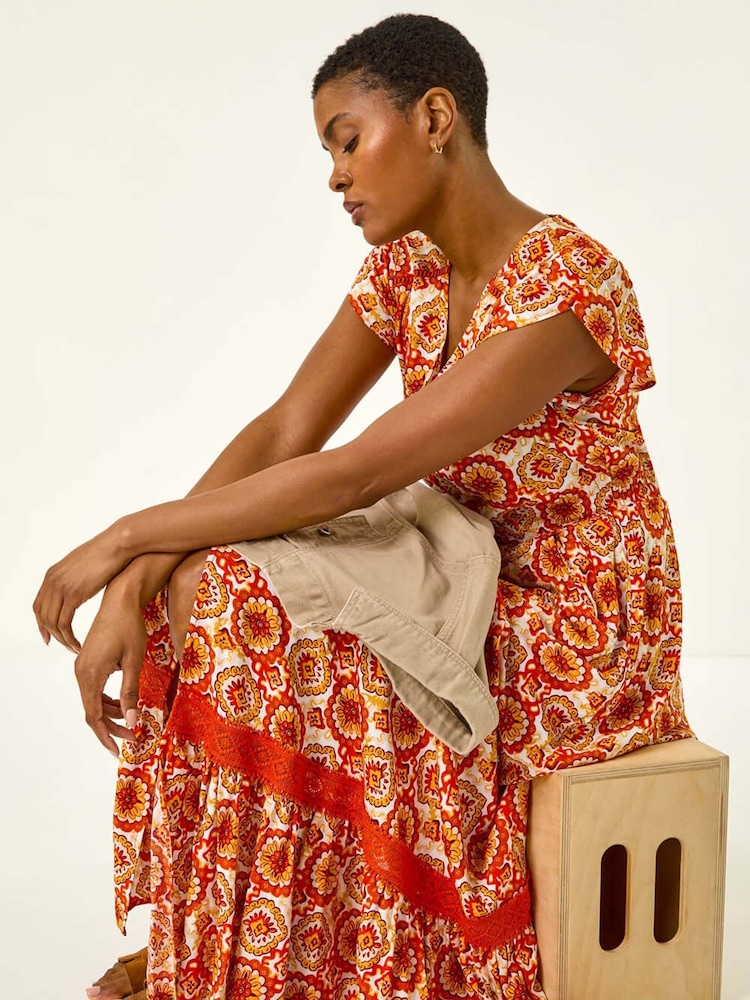 Roman Orange Abstract Lace Trim Maxi Dress - Image 1 of 5