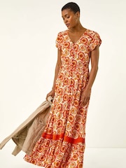 Roman Orange Abstract Lace Trim Maxi Dress - Image 2 of 5