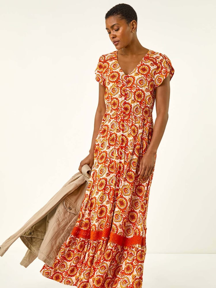Roman Orange Abstract Lace Trim Maxi Dress - Image 2 of 5