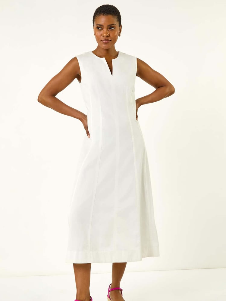 Roman White Panel Detail 100% Cotton Midi Dress - Image 1 of 5