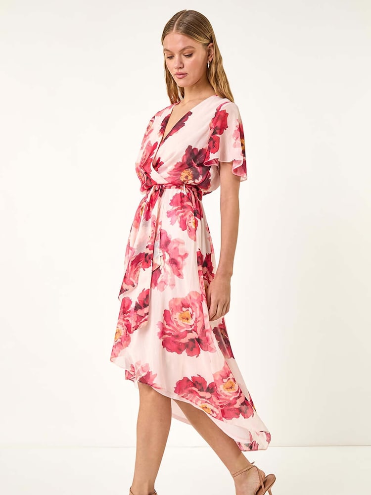 Roman Pink Floral Print Midi Wrap Dress - Image 1 of 5