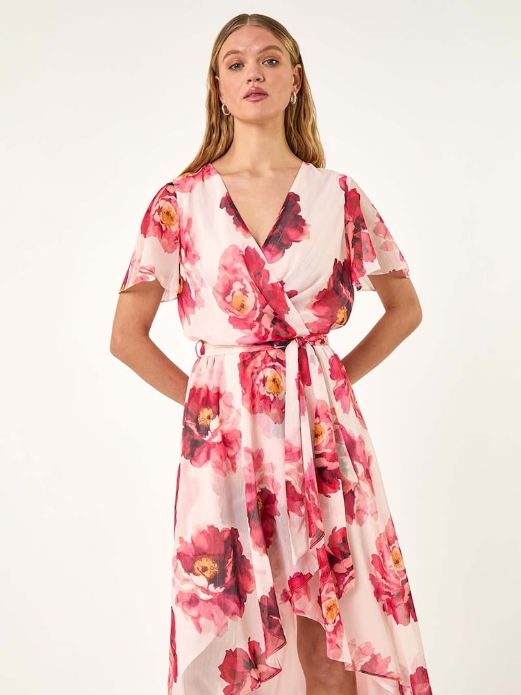 Roman Pink Floral Print Midi Wrap Dress - Image 2 of 5