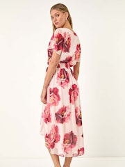 Roman Pink Floral Print Midi Wrap Dress - Image 3 of 5