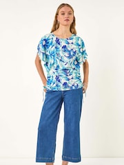 Roman Blue Abstract Ruched Side Stretch Blouse - Image 1 of 5