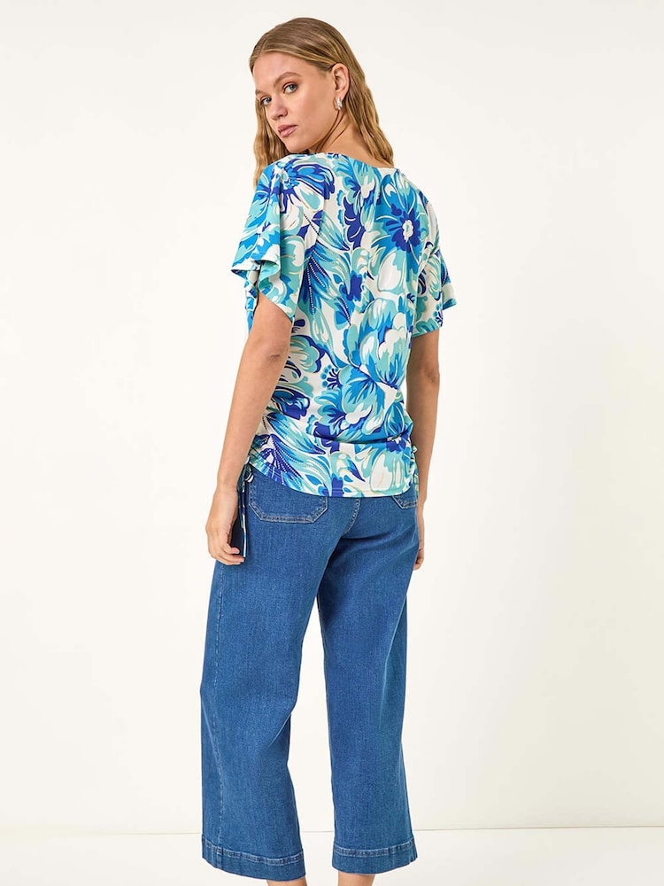 Roman Blue Abstract Ruched Side Stretch Blouse - Image 2 of 5