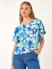 Roman Blue Abstract Ruched Side Stretch Blouse - Image 3 of 5