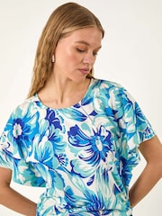Roman Blue Abstract Ruched Side Stretch Blouse - Image 4 of 5