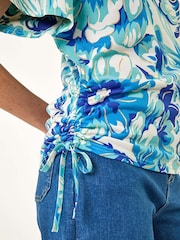 Roman Blue Abstract Ruched Side Stretch Blouse - Image 5 of 5