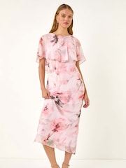 Roman Floral Print Frill Chiffon Cape Midi Dress - Image 1 of 5