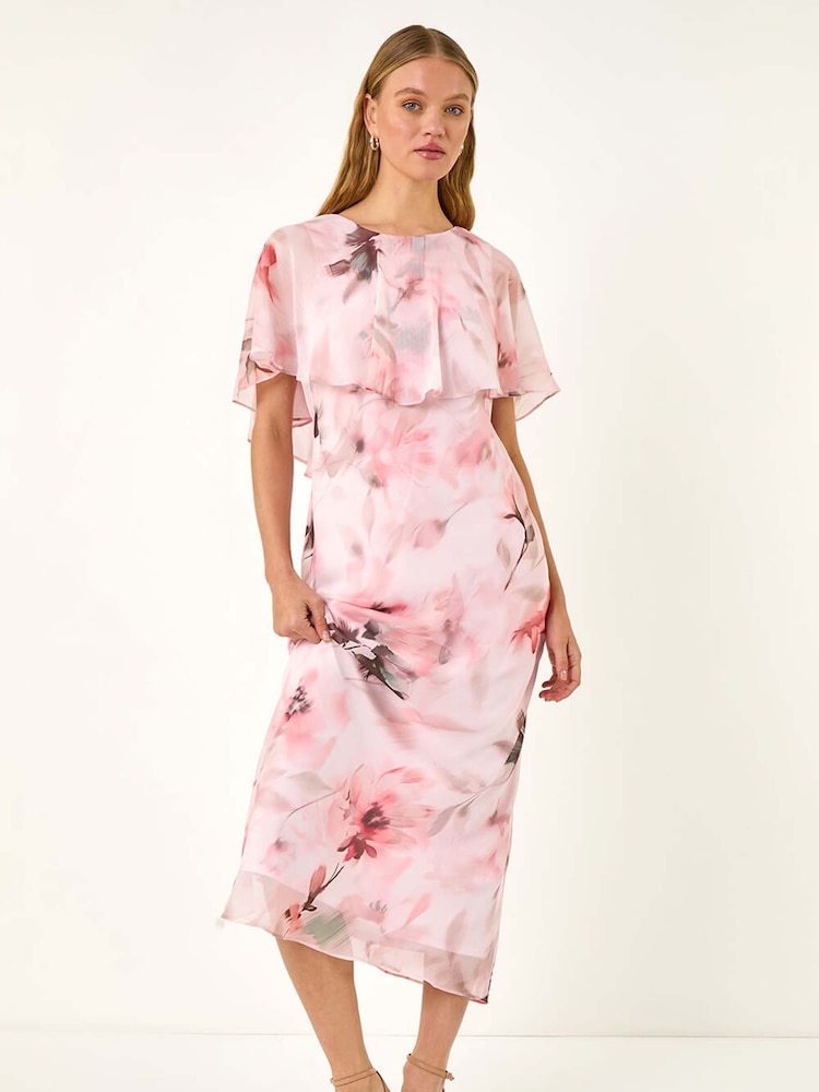 Roman Floral Print Frill Chiffon Cape Midi Dress - Image 1 of 5
