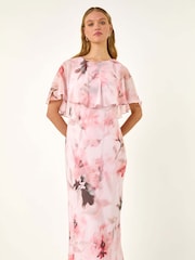 Roman Floral Print Frill Chiffon Cape Midi Dress - Image 2 of 5