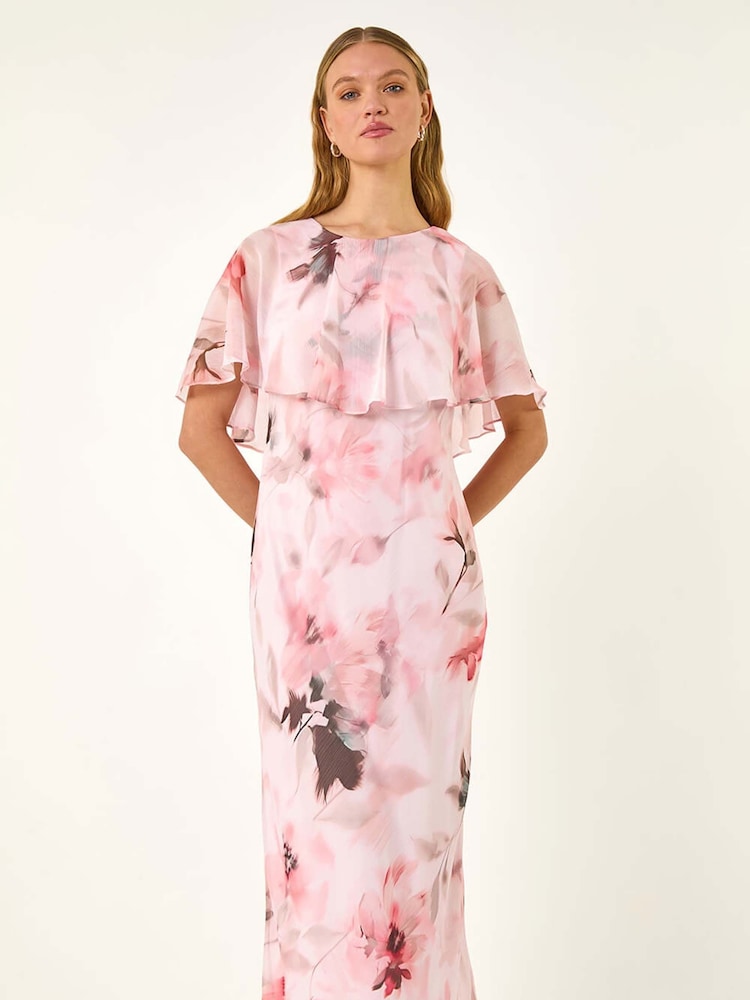 Roman Floral Print Frill Chiffon Cape Midi Dress - Image 2 of 5