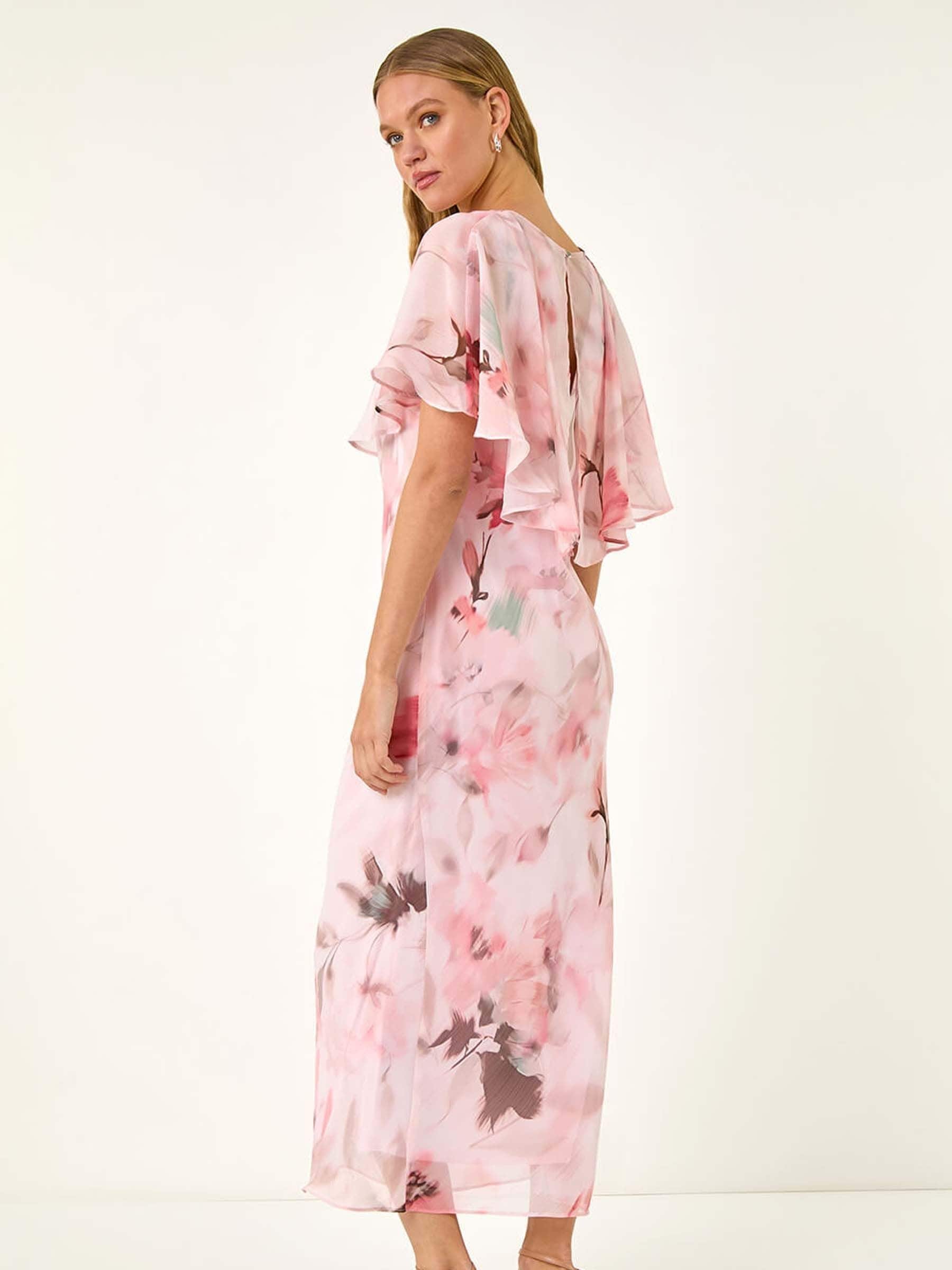 Buy Roman Pink Floral Print Frill Chiffon Cape Midi Dress