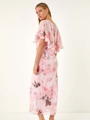 Roman Floral Print Frill Chiffon Cape Midi Dress - Image 3 of 5