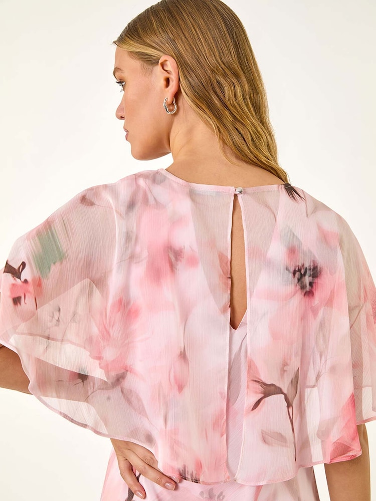 Roman Floral Print Frill Chiffon Cape Midi Dress - Image 5 of 5