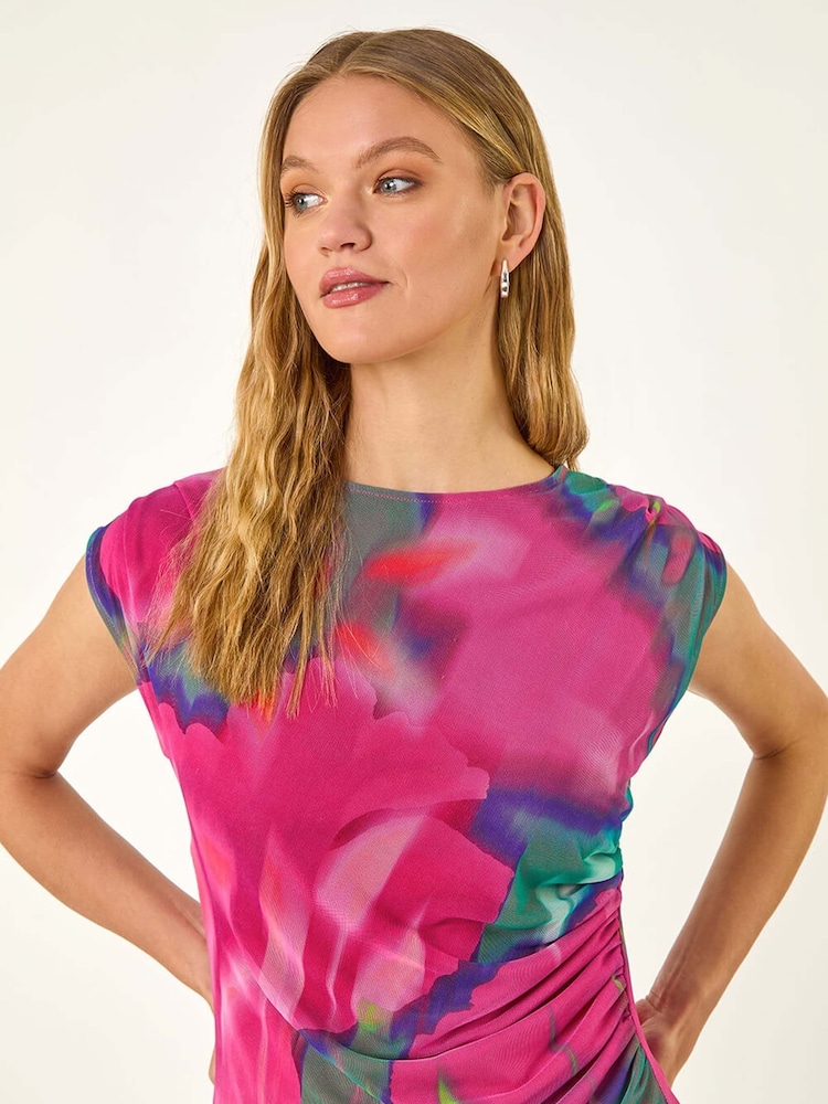 Roman Pink Floral Print Ruched Mesh Blouse - Image 1 of 5