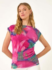 Roman Pink Floral Print Ruched Mesh Blouse - Image 4 of 5