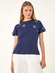 Roman Blue Floral Print Appliqué T-Shirt - Image 4 of 5