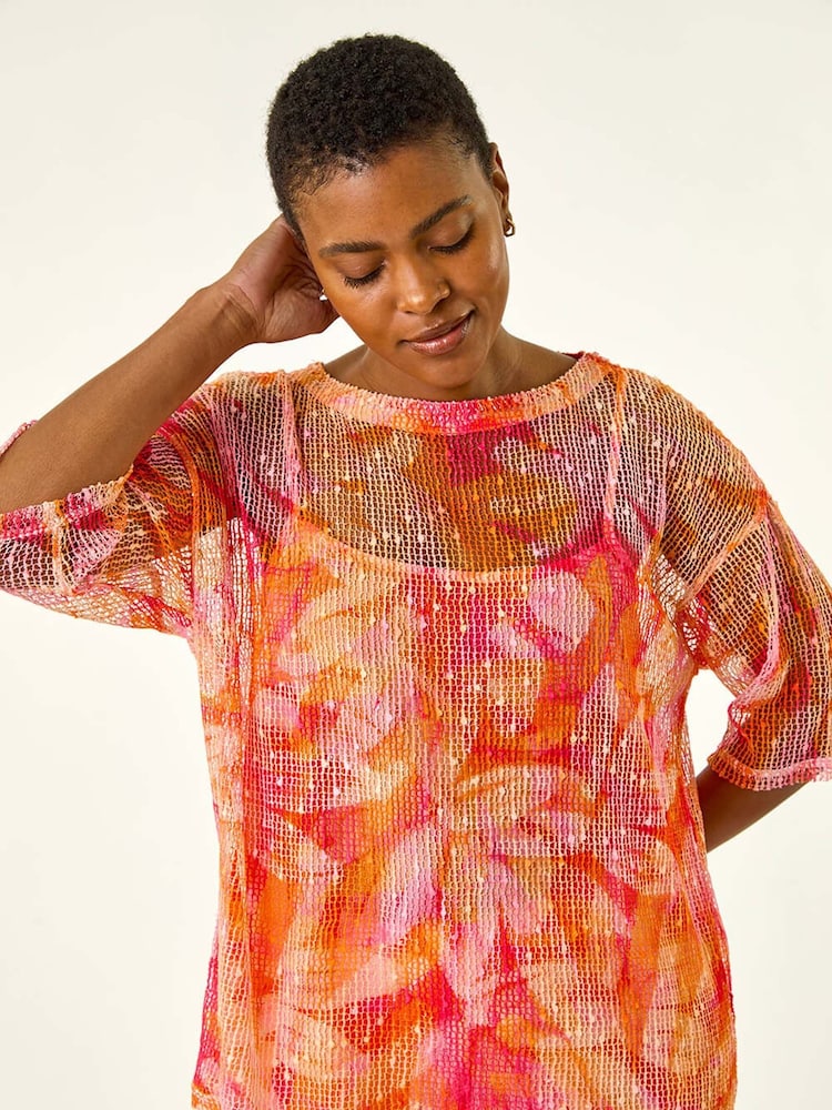 Roman Orange Floral Print Mesh Overlay Tunic Top - Image 1 of 5