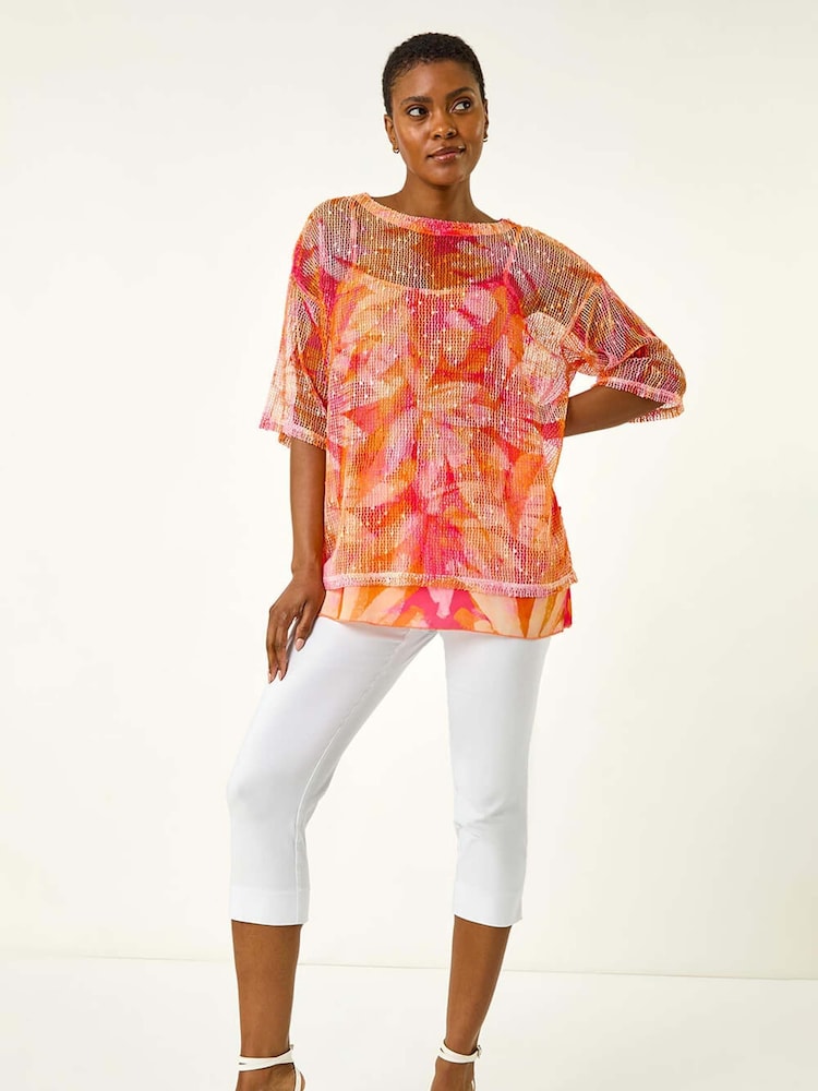 Roman Floral Print Mesh Overlay Tunic Top - Imagen 2 de 5 Roman Floral Print Mesh Overlay Tunic Top - Imagen 2 de 5