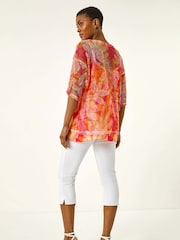 Roman Orange Floral Print Mesh Overlay Tunic Top - Image 3 of 5