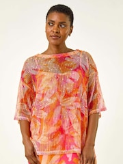 Roman Orange Floral Print Mesh Overlay Tunic Top - Image 4 of 5