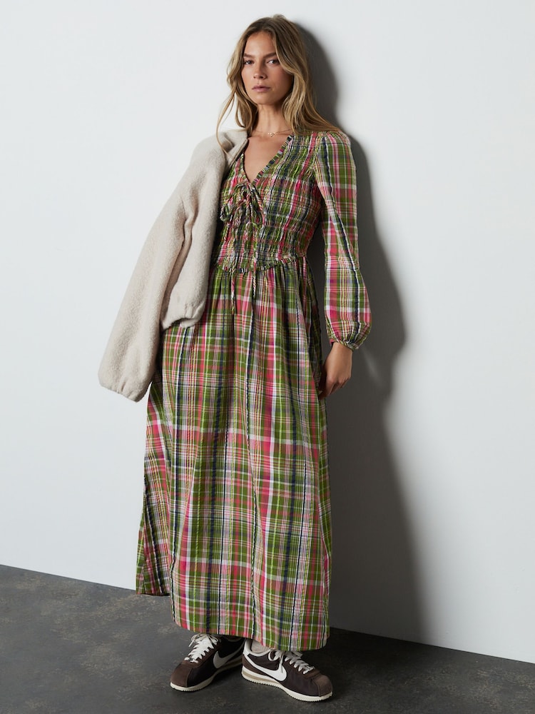 Green Pink Check Shirred Long Sleeve Midi Dress - Image 1 of 9 Green Pink Check Shirred Long Sleeve Midi Dress - Image 1 of 9