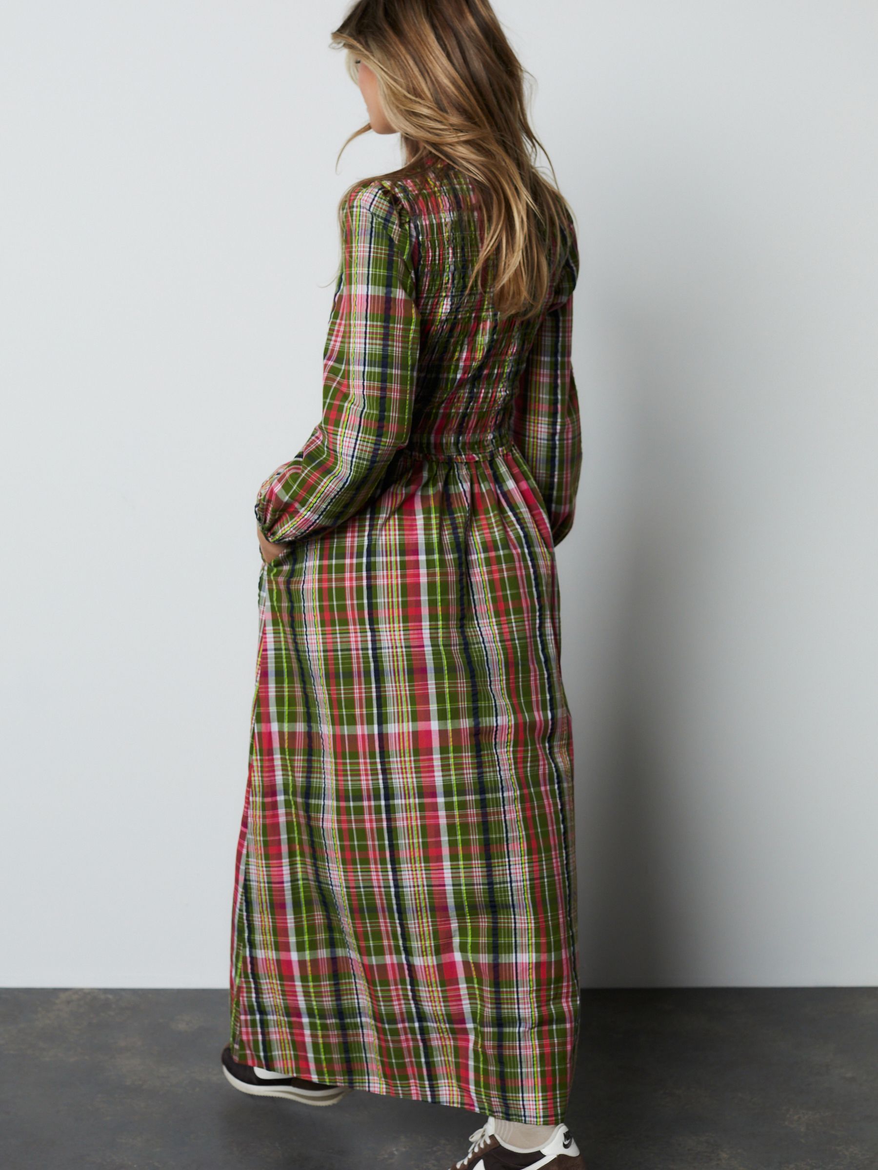Buy Green/Pink Check Shirred Long Sleeve Midi Dress from the Next