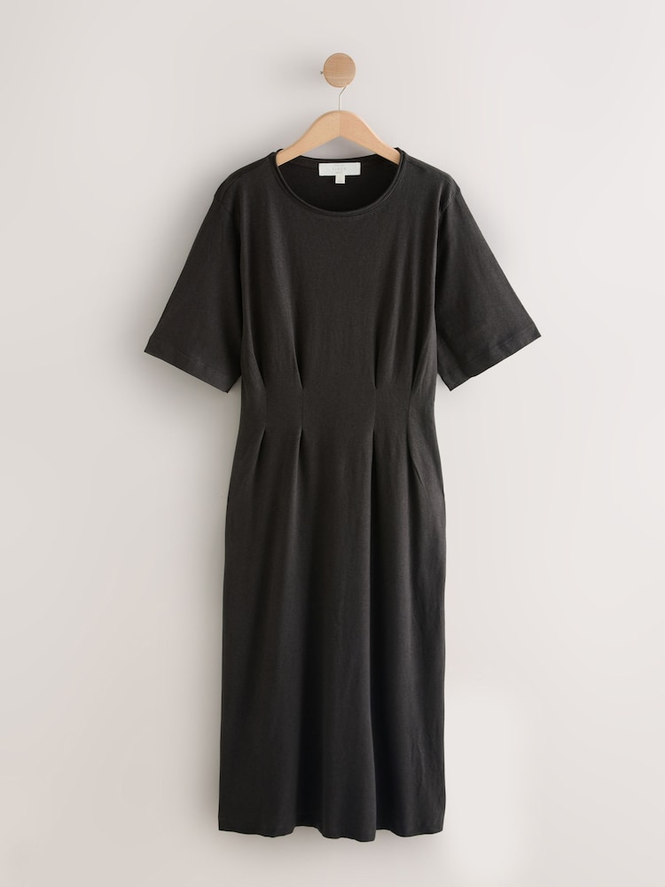 Chocolate Brown Short Sleeve Roll Edge Waisted Midi Dress with Linen - Image 1 of 3 Chocolate Brown Short Sleeve Roll Edge Waisted Midi Dress with Linen - Image 1 of 3